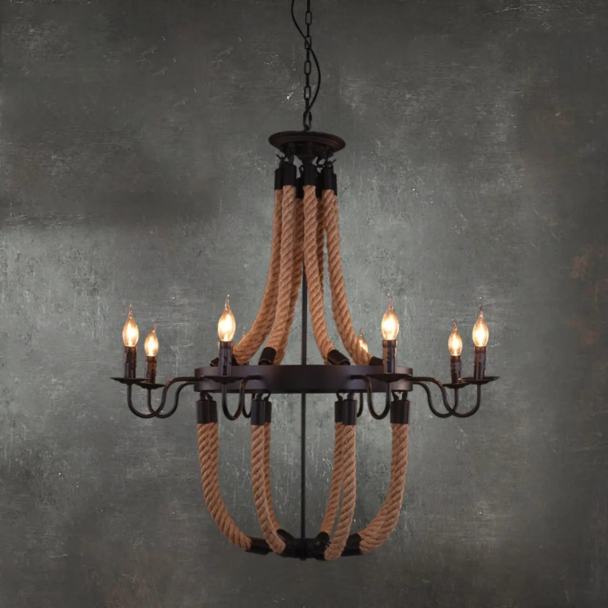 Industrial Black Wagon Wheel Rope Adjustable Chandelier Image - 14