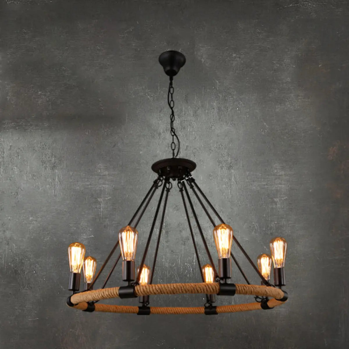 Industrial Black Wagon Wheel Rope Adjustable Chandelier Image - 15