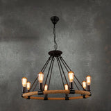 Industrial Black Wagon Wheel Rope Adjustable Chandelier Image - 15