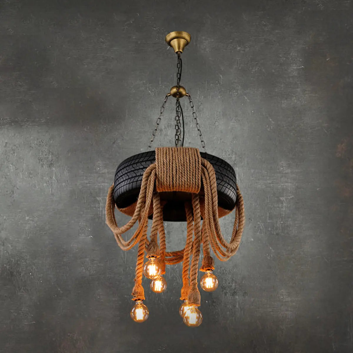 Industrial Black Wagon Wheel Rope Adjustable Chandelier Image - 3