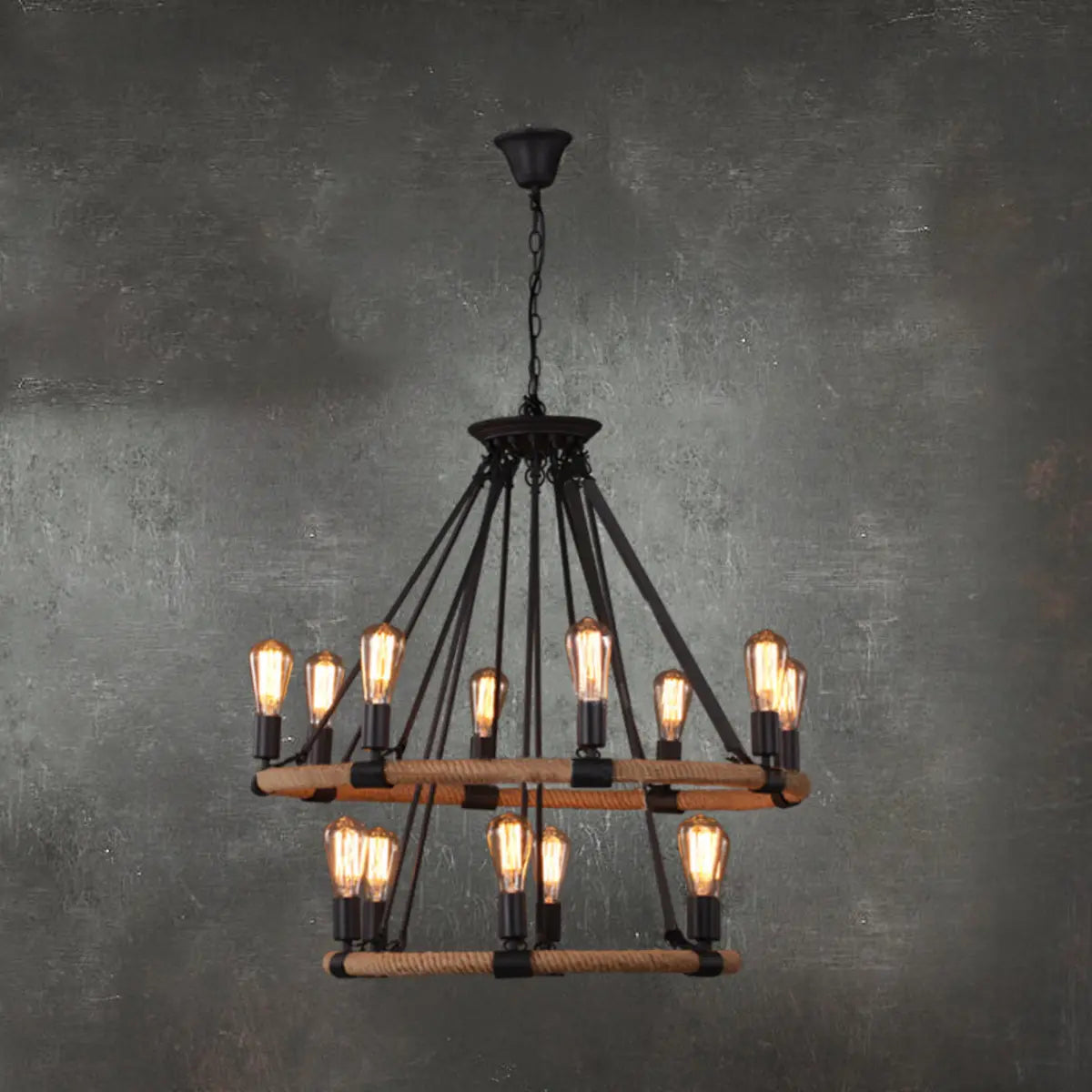 Industrial Black Wagon Wheel Rope Adjustable Chandelier Image - 5