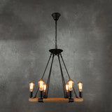 Industrial Black Wagon Wheel Rope Adjustable Chandelier Image - 7