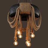 Industrial Black Wagon Wheel Rope Adjustable Chandelier Image - 8