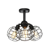 Industrial Black Wire Cage Semi-Flush Mount Lamp 3-Bulb Image - 11