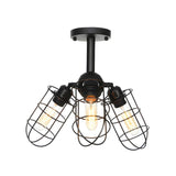 Industrial Black Wire Cage Semi-Flush Mount Lamp 3-Bulb Image - 16