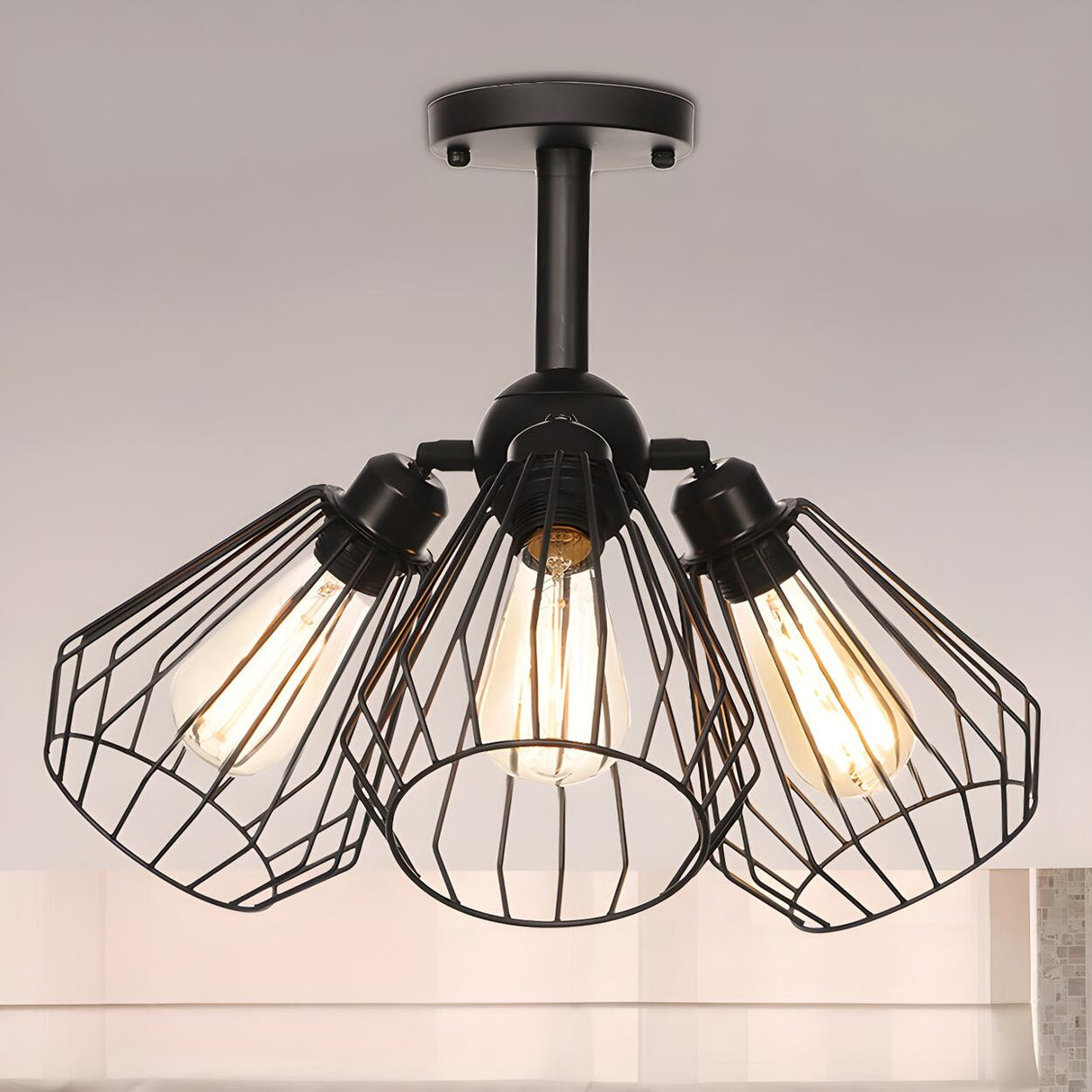 Industrial Black Wire Cage Semi-Flush Mount Lamp 3-Bulb Image - 17