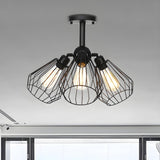 Industrial Black Wire Cage Semi-Flush Mount Lamp 3-Bulb Image - 18