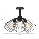 Industrial Black Wire Cage Semi-Flush Mount Lamp 3-Bulb Image - 20