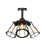 Industrial Black Wire Cage Semi-Flush Mount Lamp 3-Bulb Image - 3