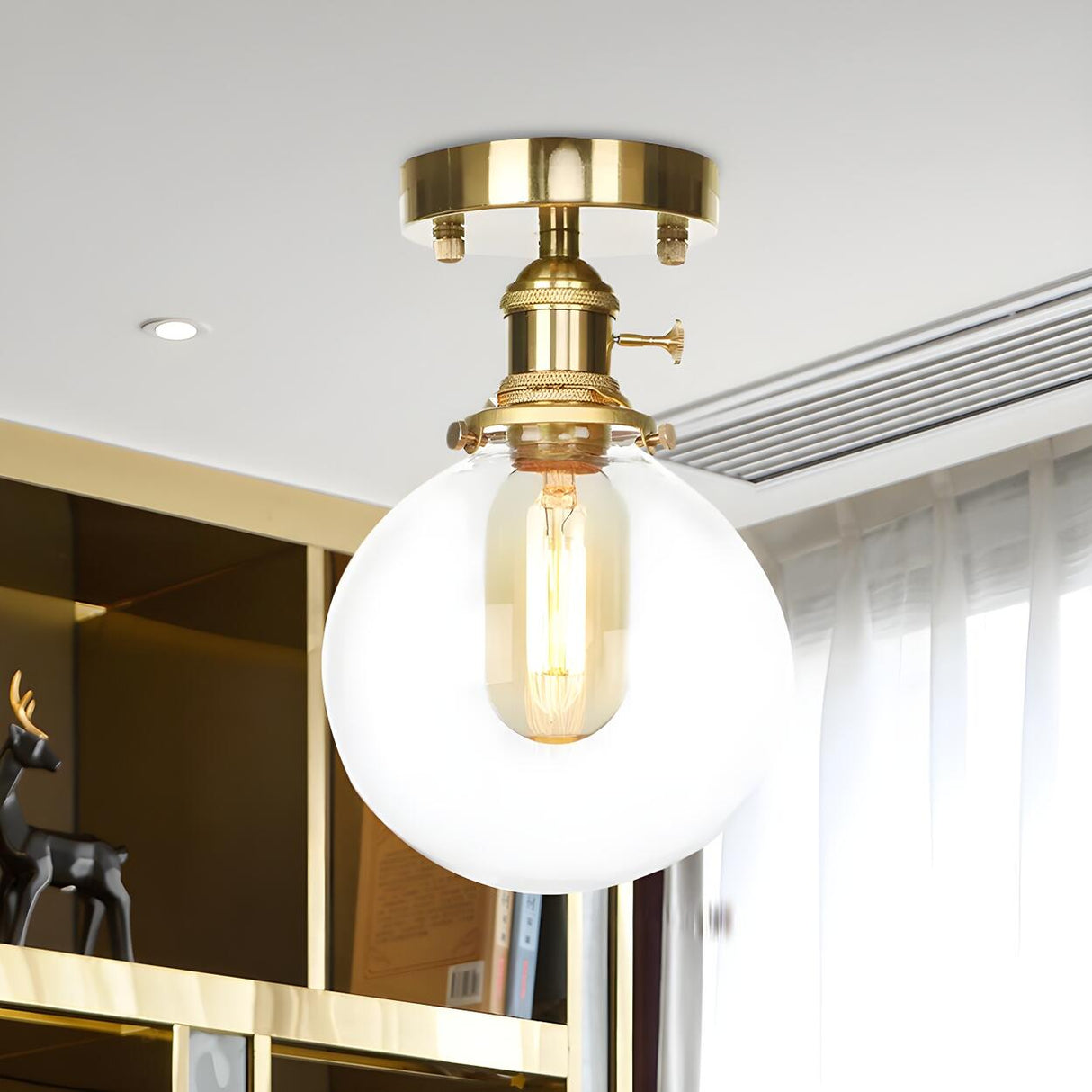 Industrial Brass Ball Amber Glass Semi-Flush Mount Lamp Image - 8