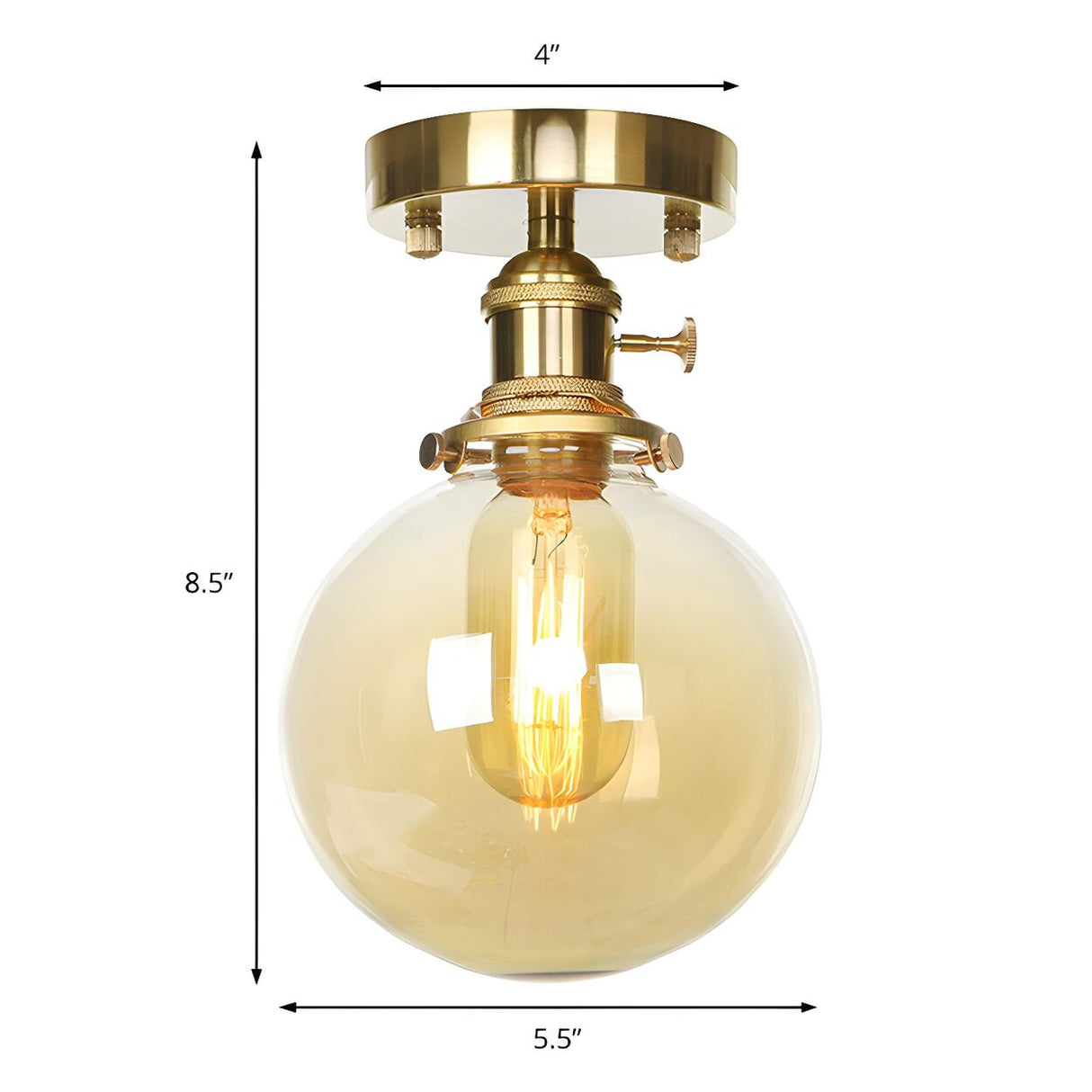 Industrial Brass Ball Amber Glass Semi-Flush Mount Lamp 