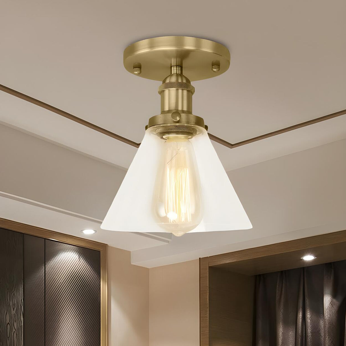 Industrial Brass Conical Glass Semi-Flush Mount Light Image - 23