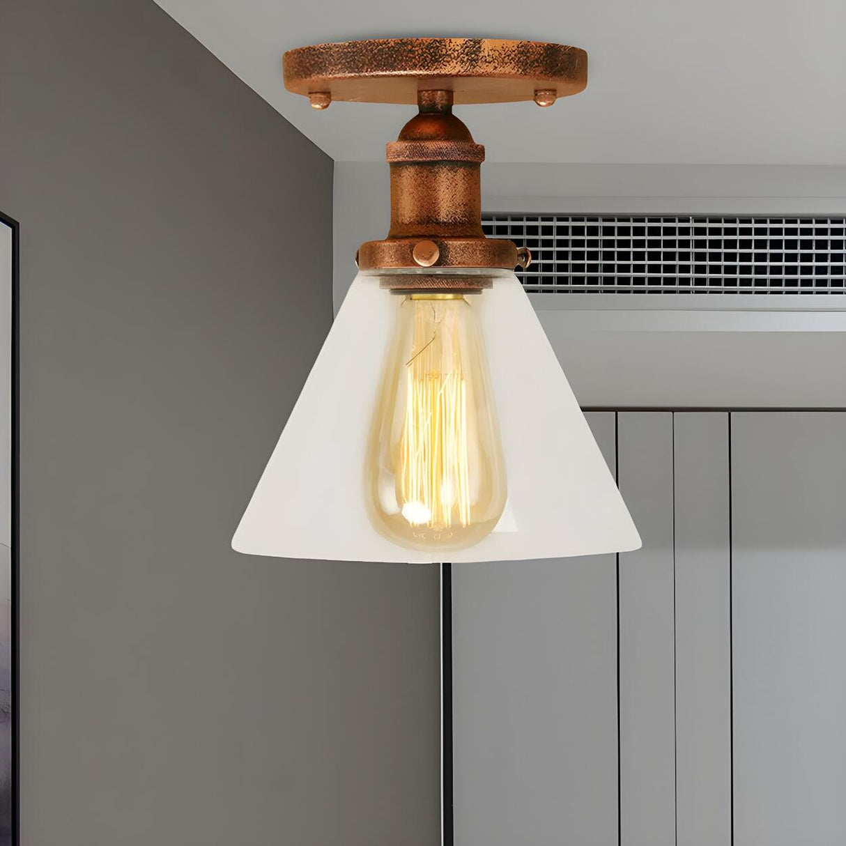 Industrial Brass Conical Glass Semi-Flush Mount Light Image - 25