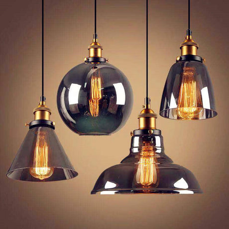 Industrial Brass Glass Cone Geometric Pendant Light Set Image - 1