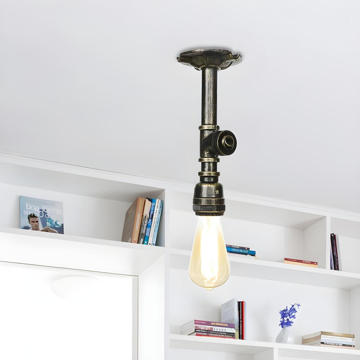 Industrial Bronze Water Pipe Semi-Flush Mount Light Image - 1