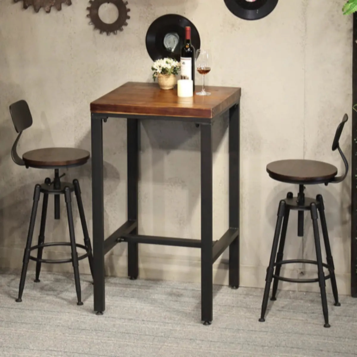 Industrial Brown Round Faux Leather Swivel Bar Stool Image - 10