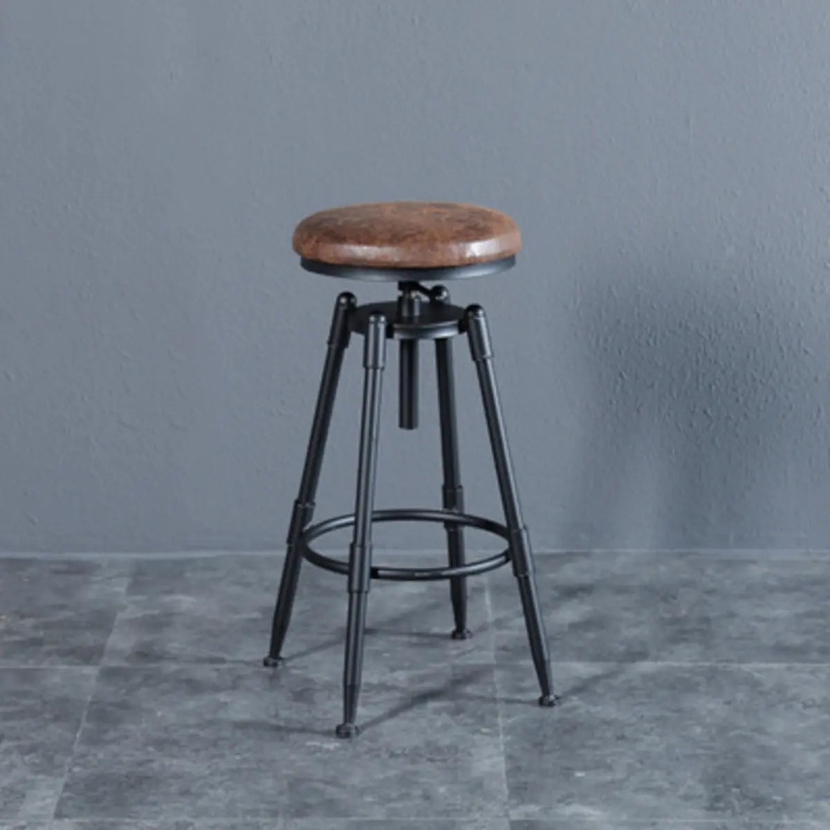 Industrial Brown Round Faux Leather Swivel Bar Stool Image - 7