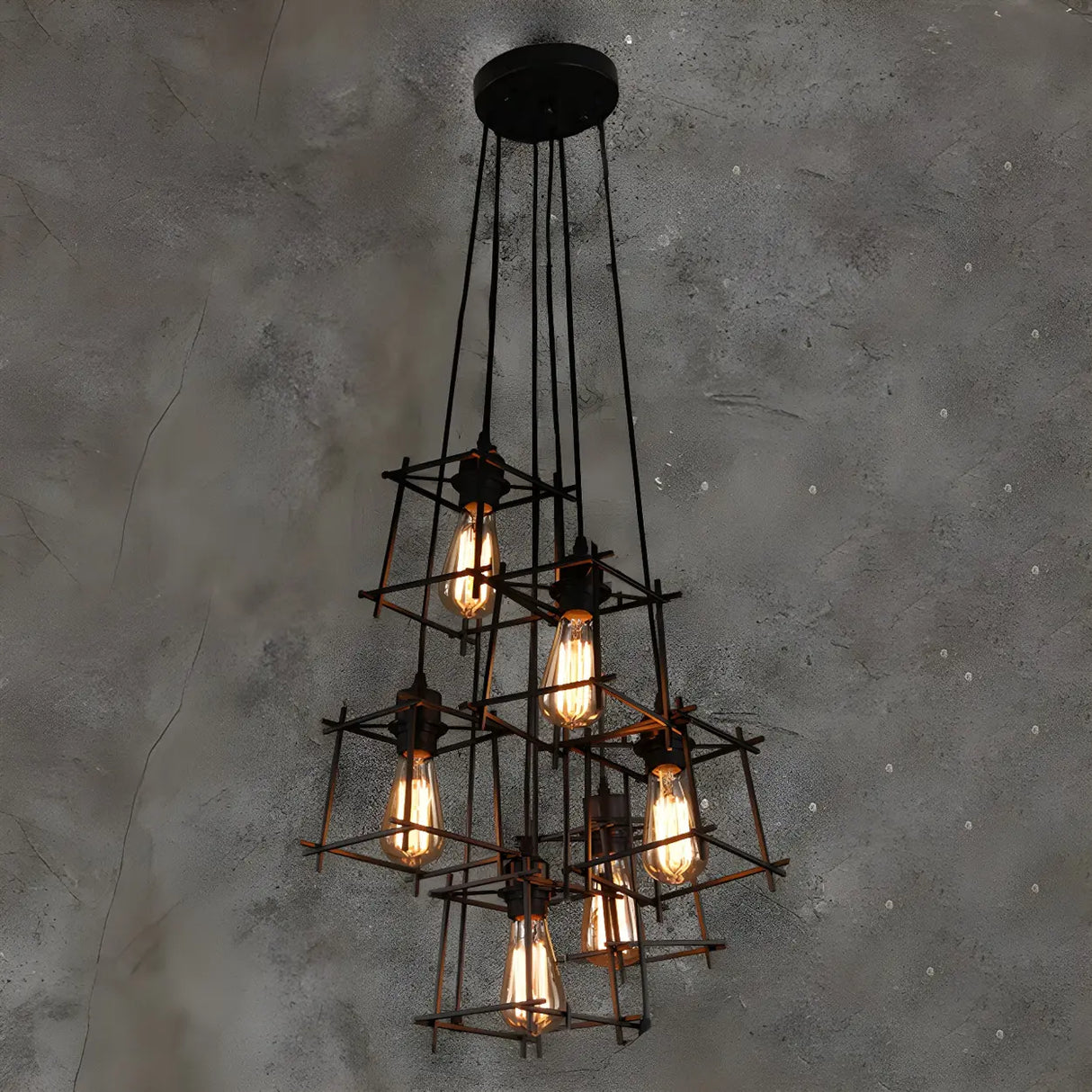 Industrial Cage Iron Living Room Black Large Chandelier Image - 2