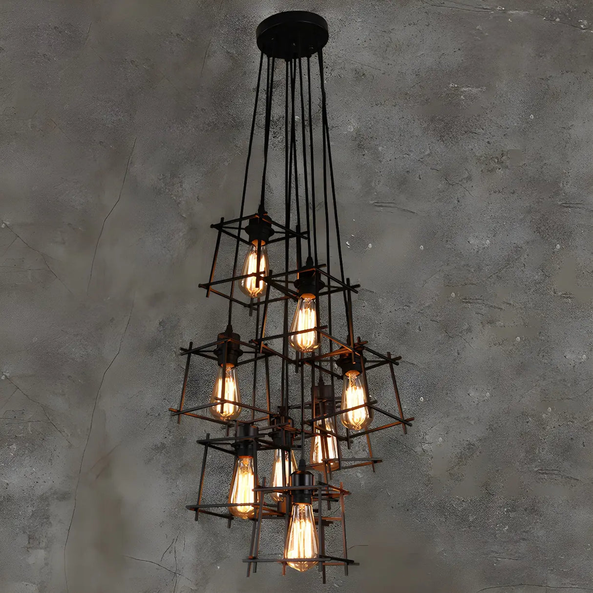 Industrial Cage Iron Living Room Black Large Chandelier Image - 3