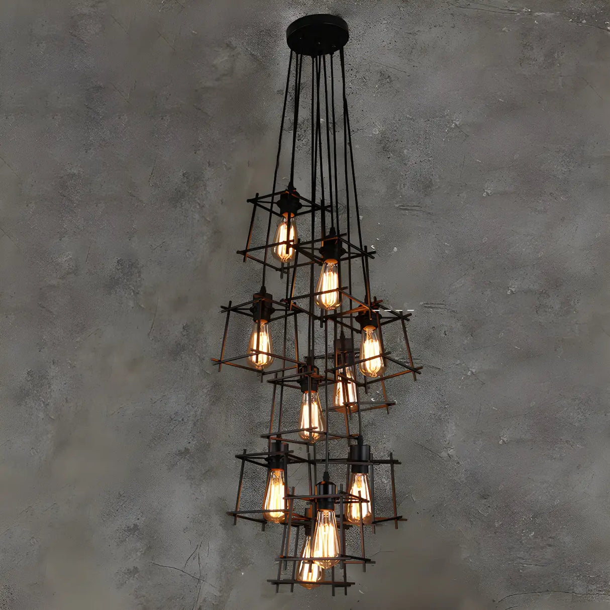 Industrial Cage Iron Living Room Black Large Chandelier Image - 5