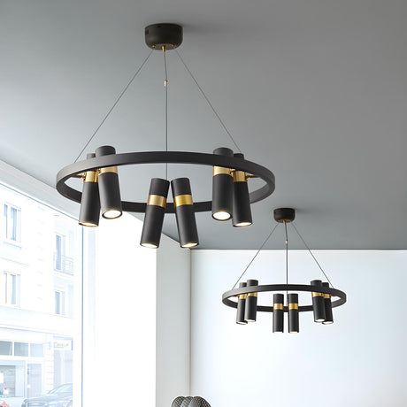 Industrial Circular Black and Gold Cylinder Chandelier Image - 1