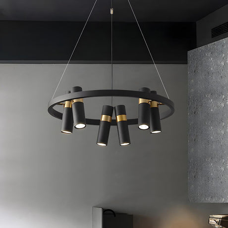 Industrial Circular Black and Gold Cylinder Chandelier Image - 2