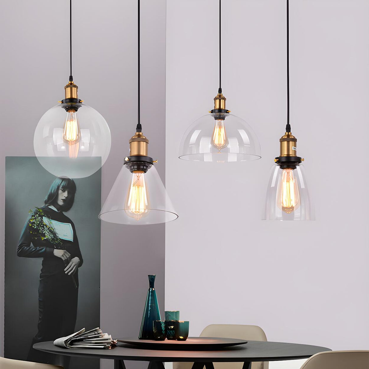 Industrial Clear Glass Round Dining Room Pendant Light Image - 4