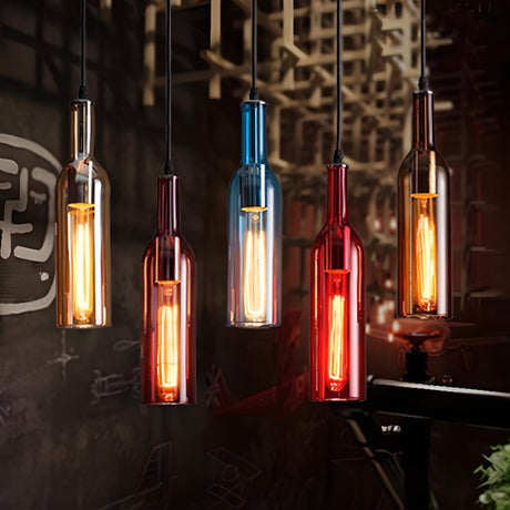 Industrial Colorful Glass Wine Bottle Pendant Light Image - 2