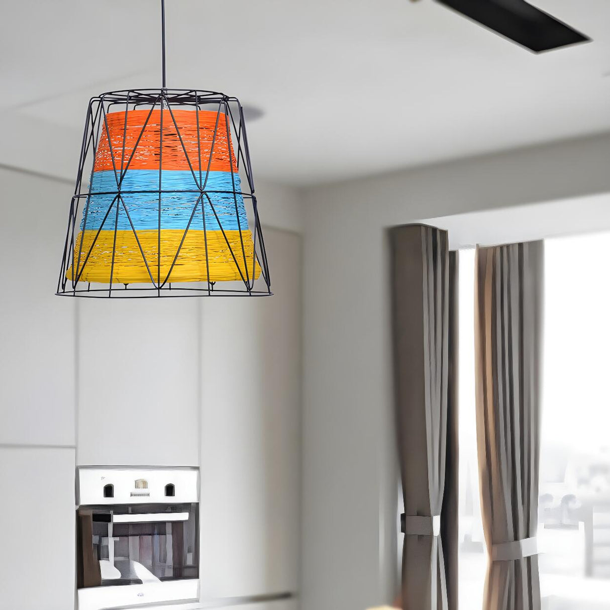 Industrial Colorful Striped Bucket Wire Frame Pendant Light Image - 2