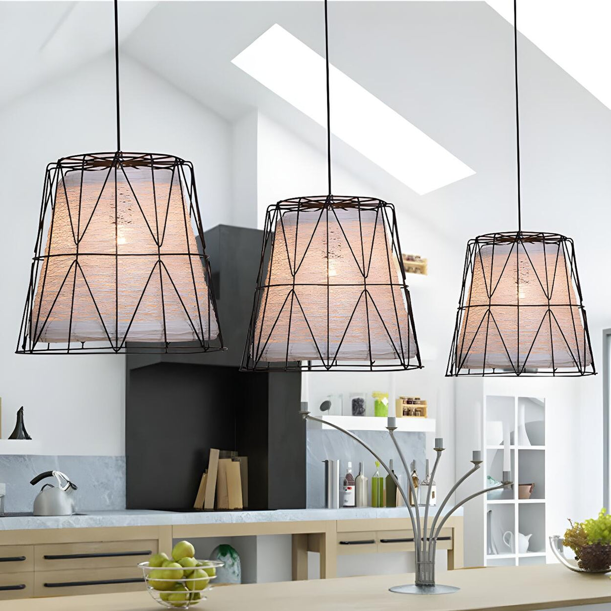 Industrial Colorful Striped Bucket Wire Frame Pendant Light Image - 6