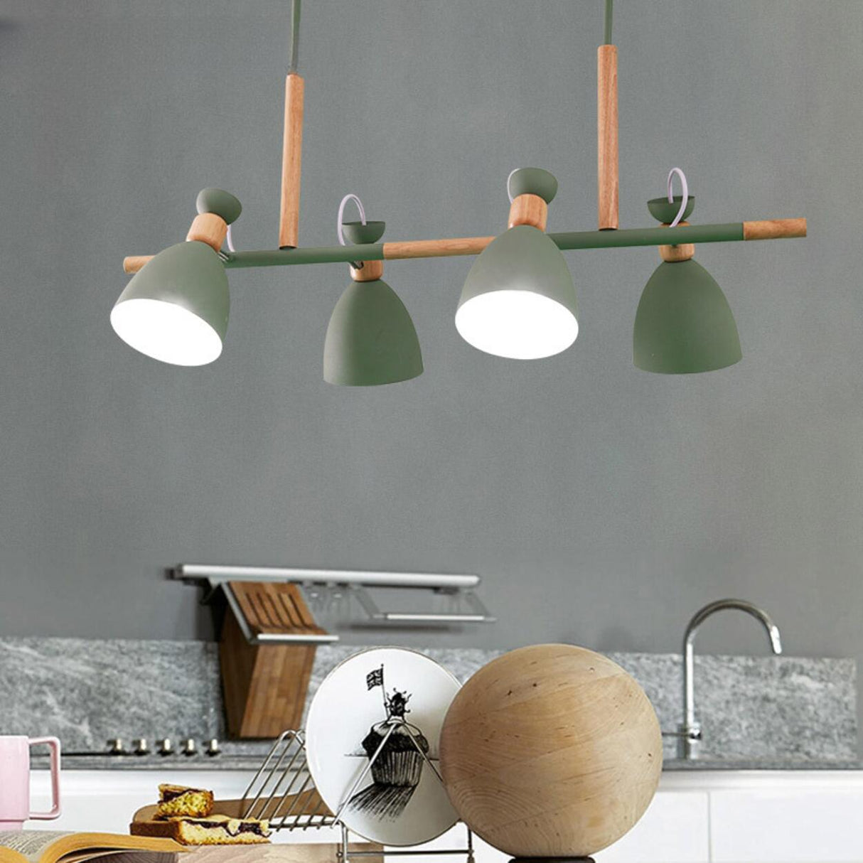 Industrial Cone 4-Light Wood Metal Island Pendant Light Image - 4