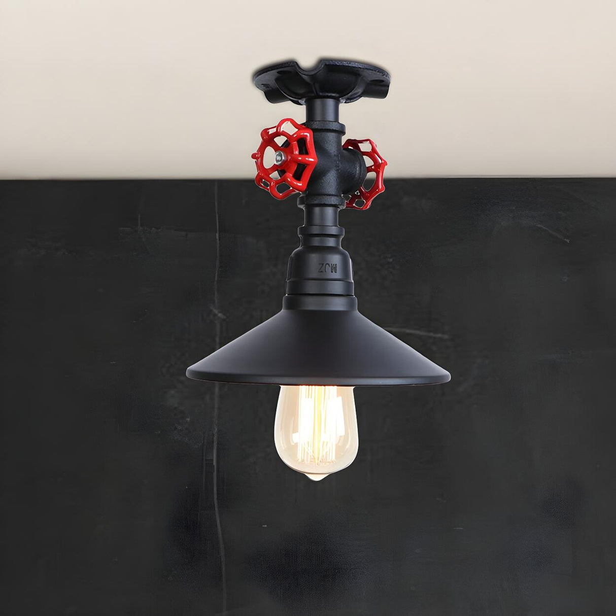 Industrial Cone Red Valve Iron Semi-Flush Mount Light Image - 11