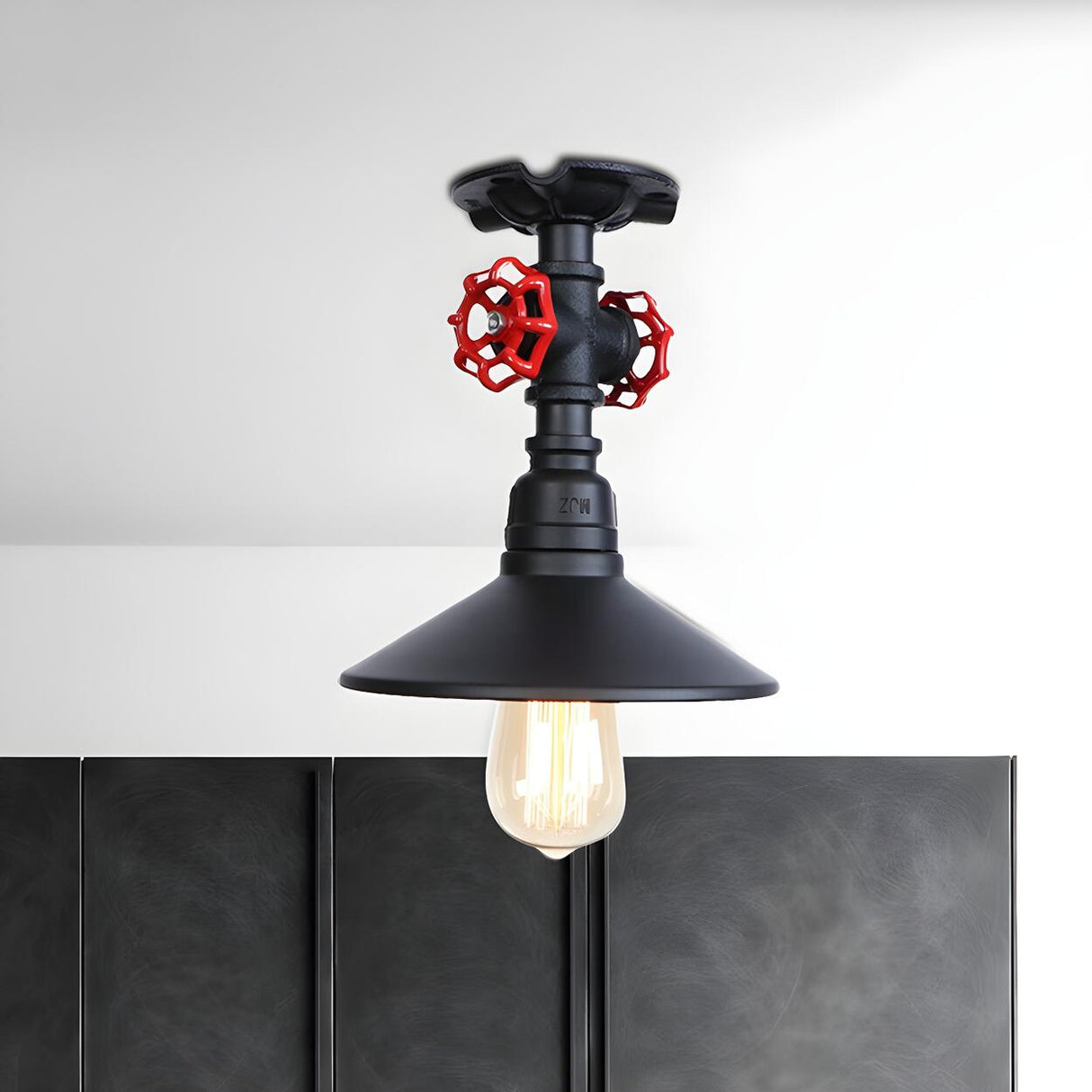 Industrial Cone Red Valve Iron Semi-Flush Mount Light Image - 12