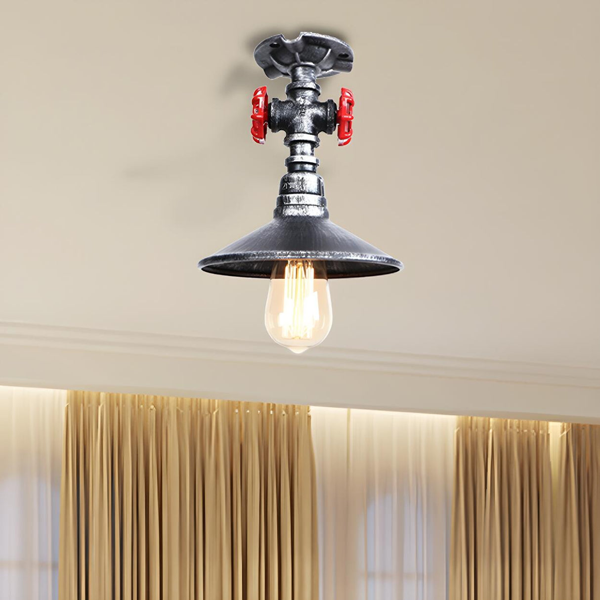 Industrial Cone Red Valve Iron Semi-Flush Mount Light Image - 2