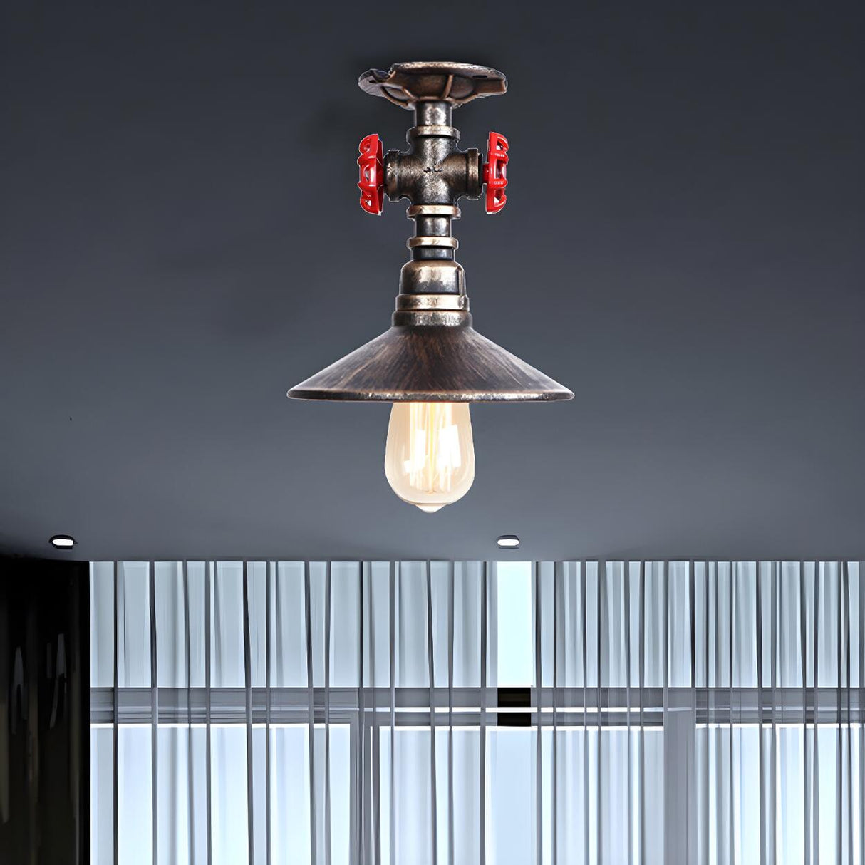 Industrial Cone Red Valve Iron Semi-Flush Mount Light Image - 5