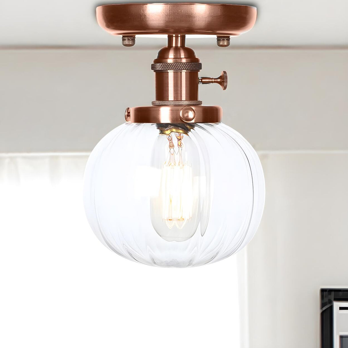 Industrial Copper Globe Glass Semi-Flush Mount Light Image - 1