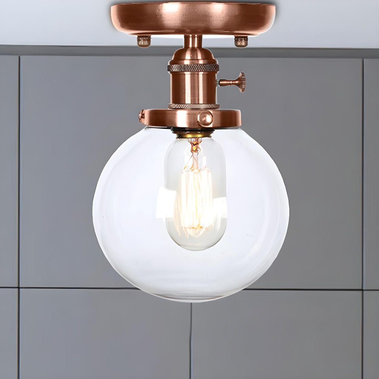 Industrial Copper Globe Glass Semi-Flush Mount Light Image - 10