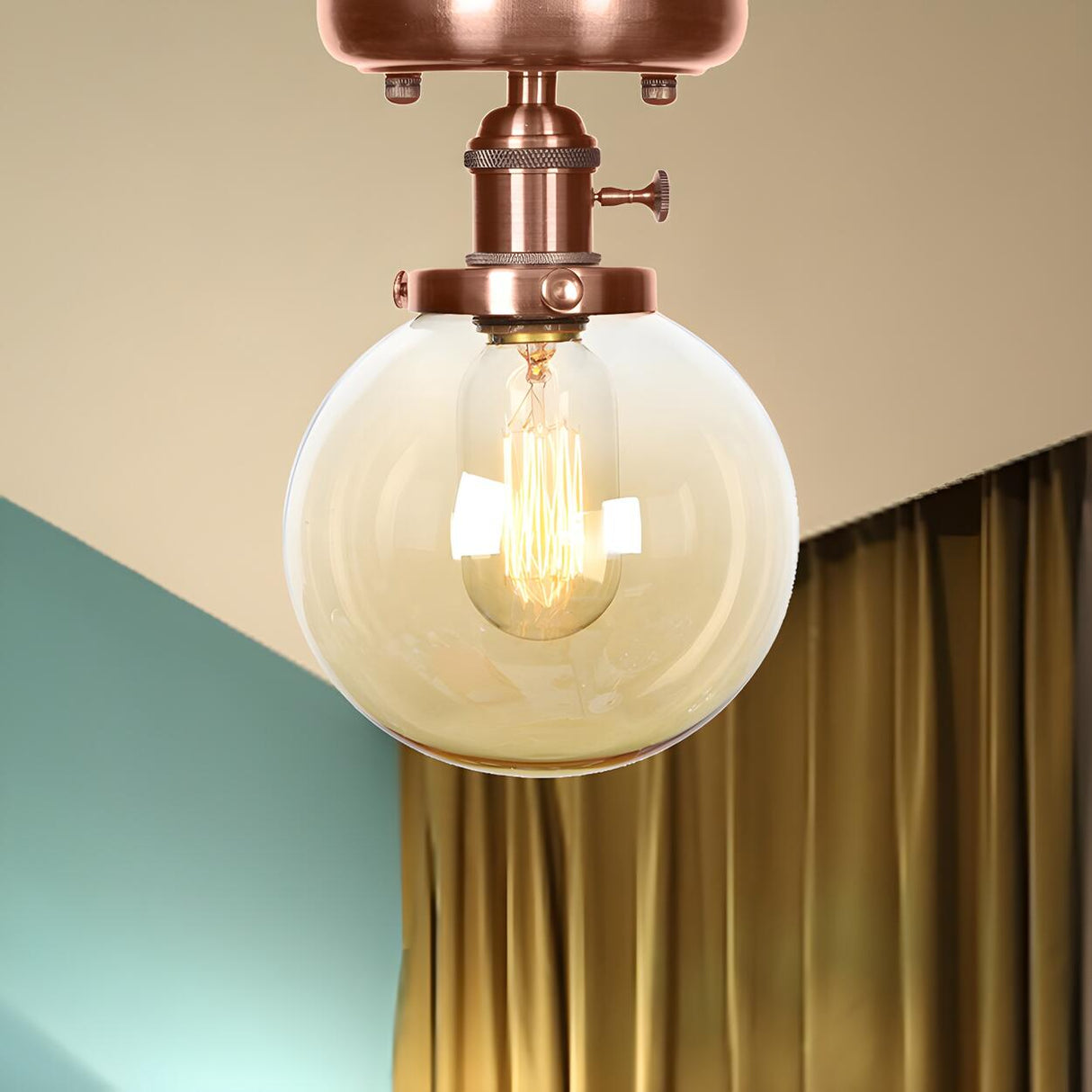 Industrial Copper Globe Glass Semi-Flush Mount Light Image - 7