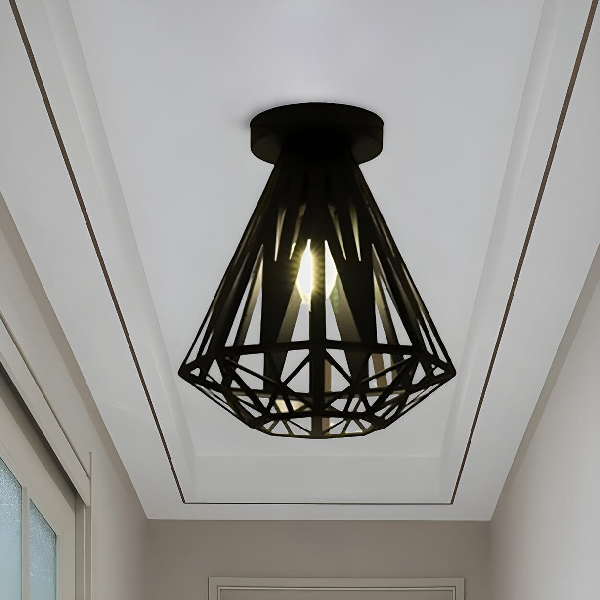 Industrial Diamond Black Cage Flush Mount Ceiling Light Image - 2