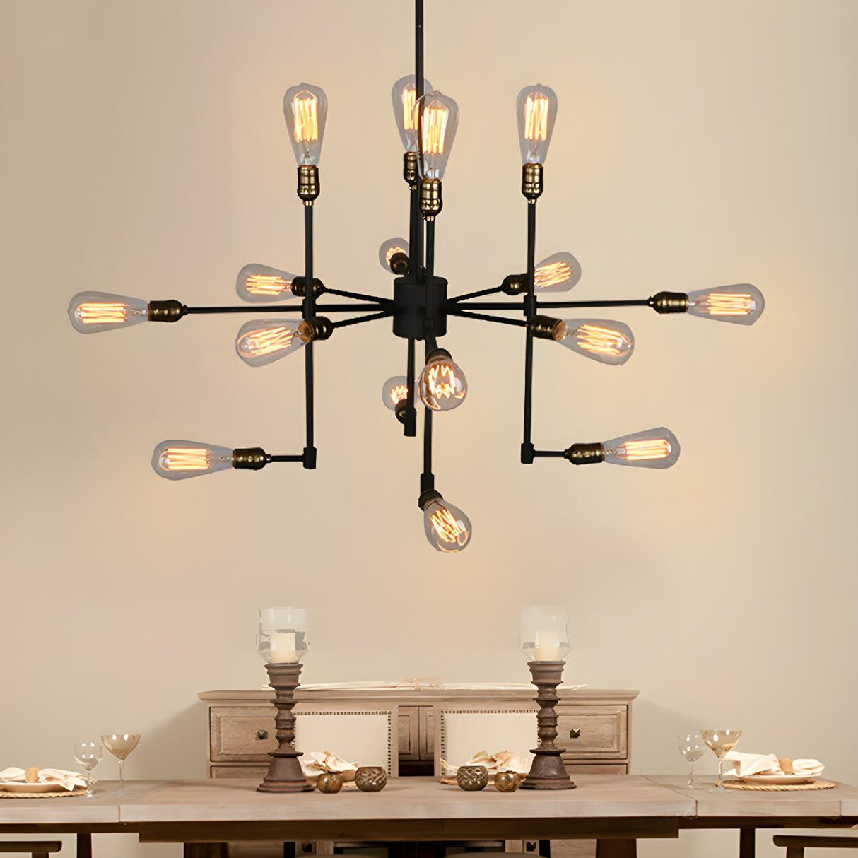 Industrial Dining Room Black Radial Edison Bulb Chandelier Image - 1