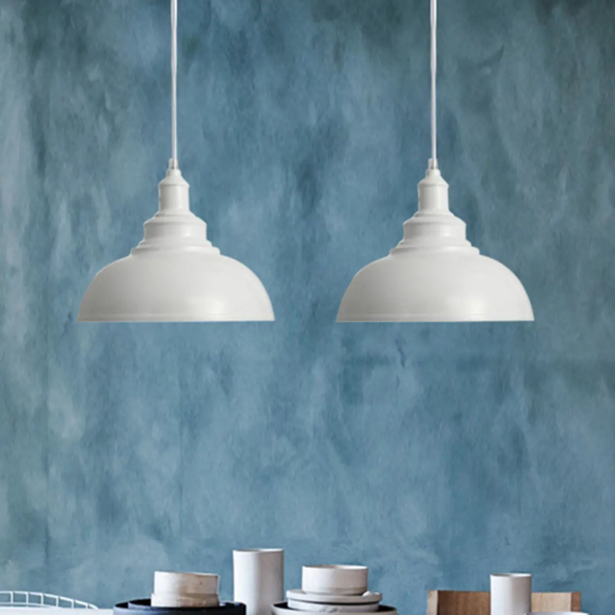 Industrial Dining Room Metal White Dome Pendant Light Image - 2