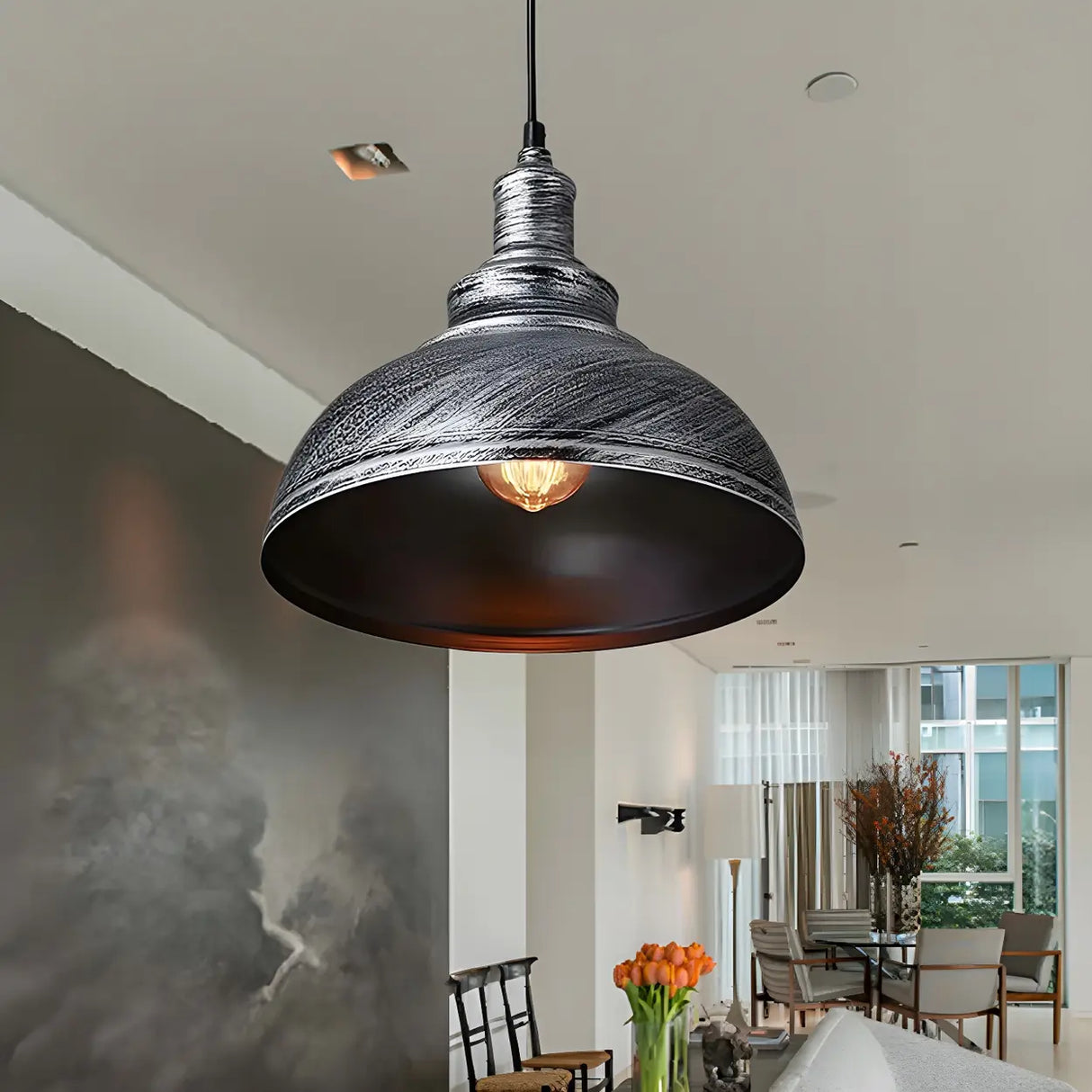 Industrial Dining Room Metal White Dome Pendant Light Image - 24