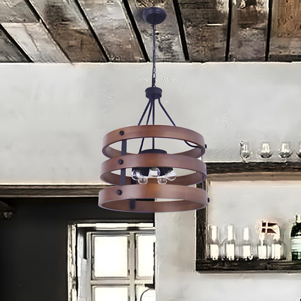 Industrial Dining Room Wooden 3 Layers Ring Chandelier Image - 1