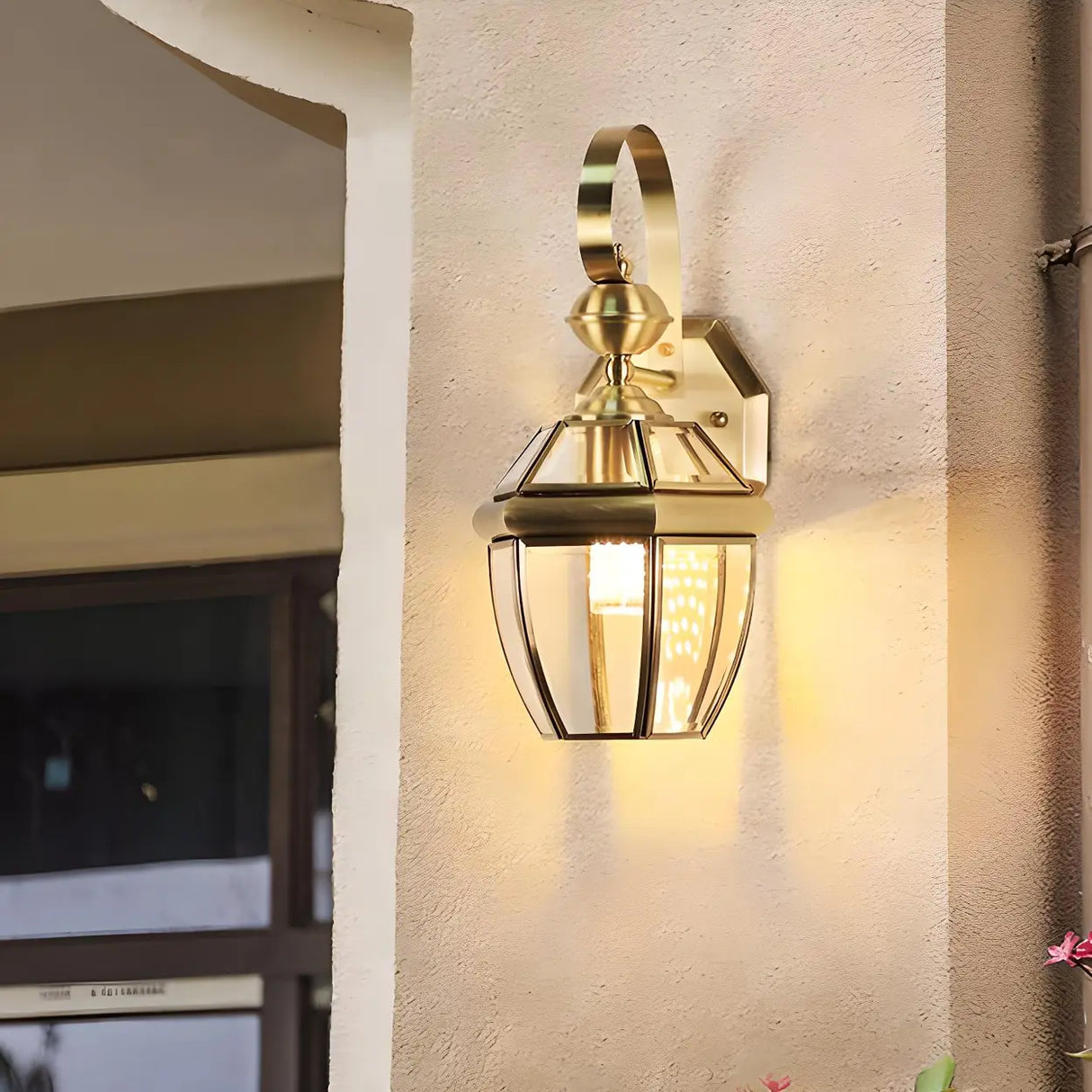 Industrial Exterial Gold Glass Lantern Wall Sconce Image - 4