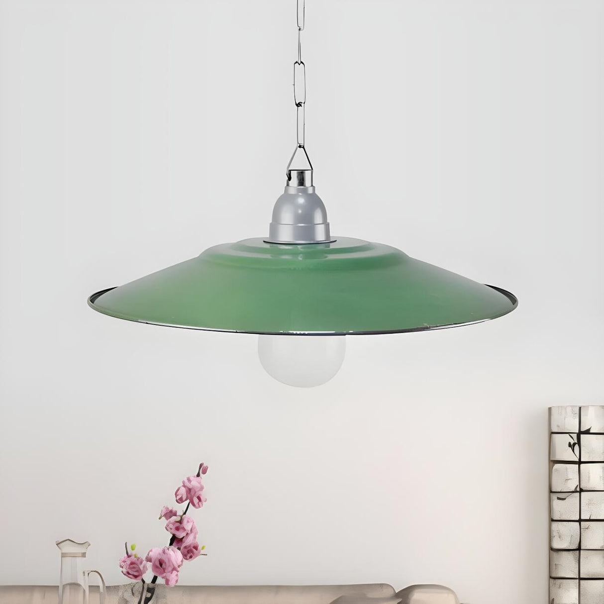 Industrial  Farmhouse Green Wide Saucer Pendant Light Image - 2