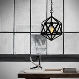 Industrial Geometric Black Metal Cage Pendant Light Image - 3