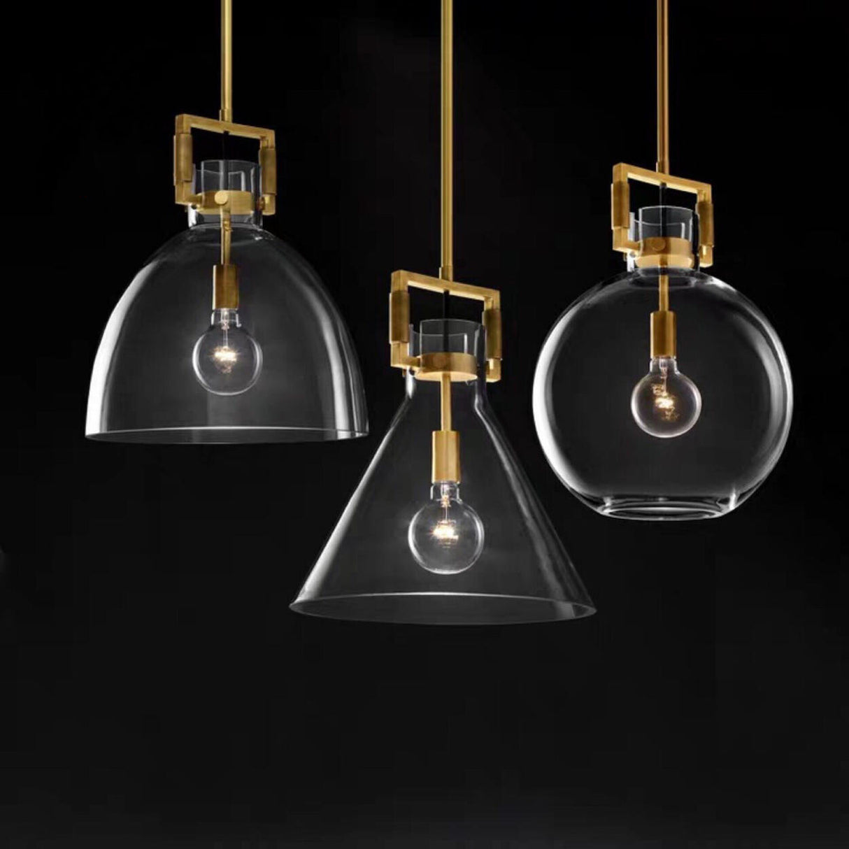 Industrial Geometric Brass Clear Glass Pendant Lights Image - 1