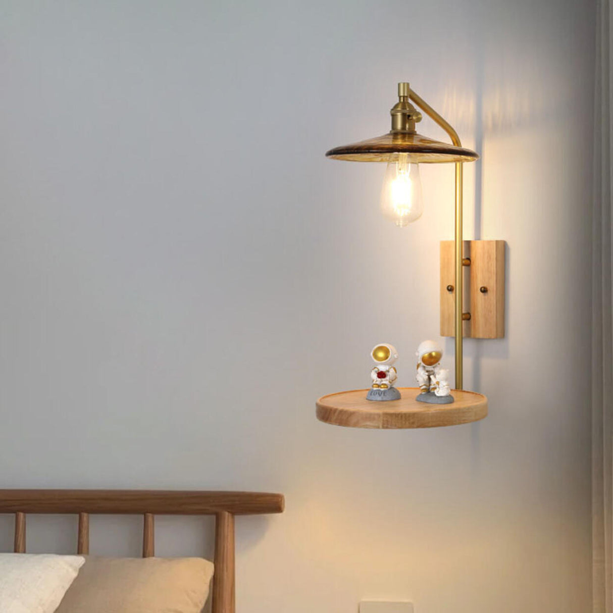 Industrial Glass and Wood Bedside Metal Wall Sconce Image - 1