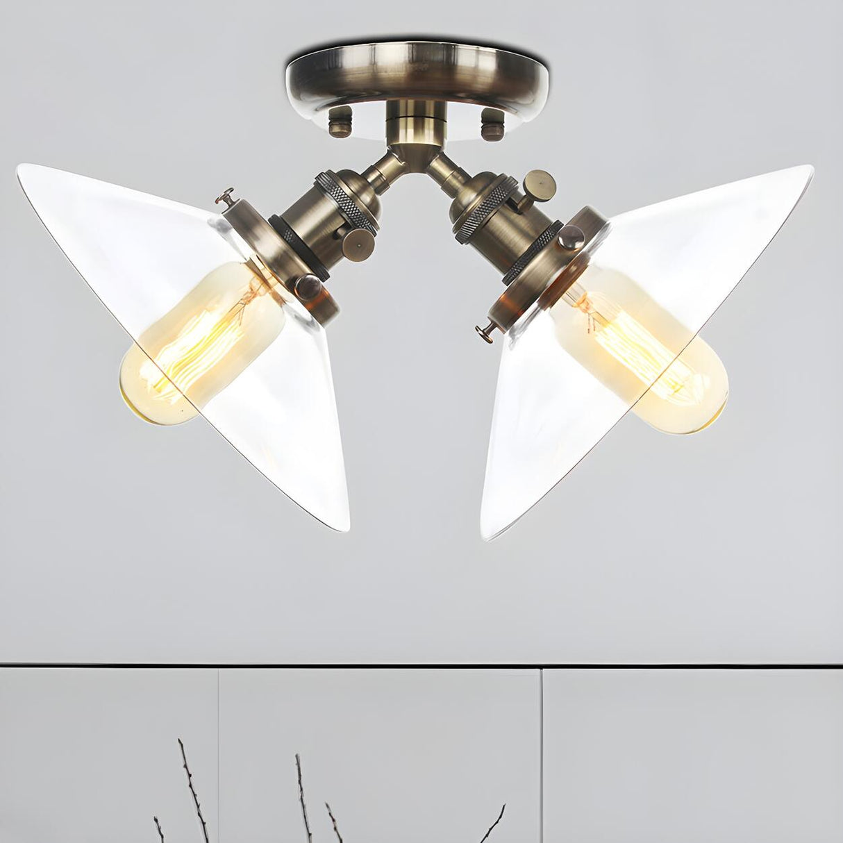 Industrial Glass Conical Semi-Flush Mount Light 2-Light Image - 1