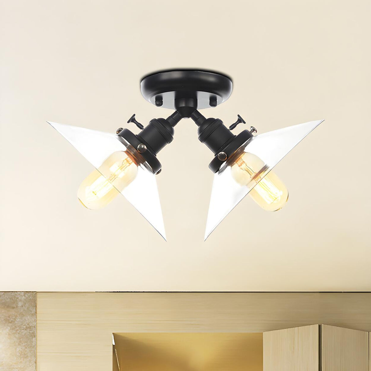 Industrial Glass Conical Semi-Flush Mount Light 2-Light Image - 5